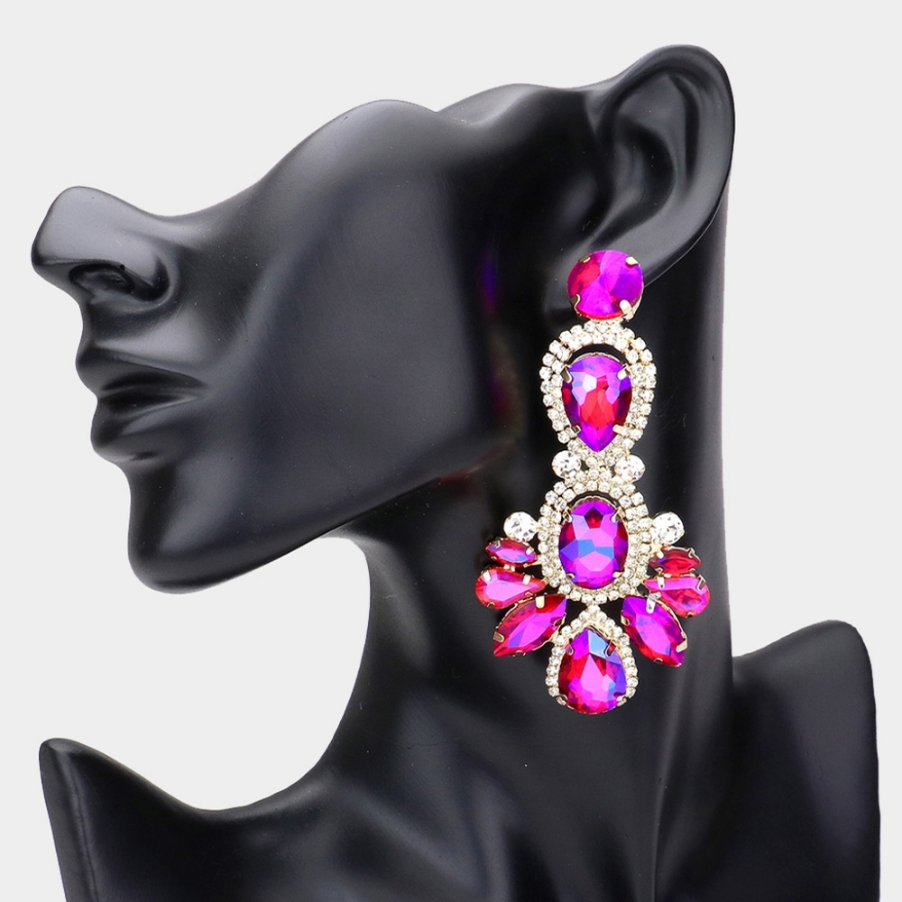 Purple Rhinestone Crystal Dangle Earrings 3.5 Inch Statement Teardrop Evening
